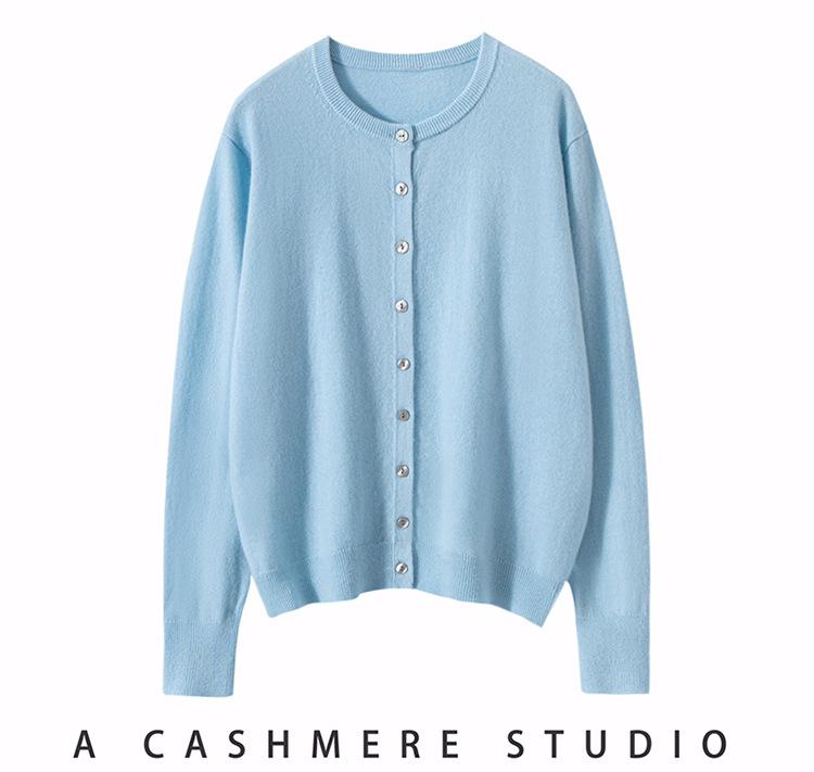 2026 Autumn Women's 100% Cashmere Round Neck Cardigan - High-End Long Sleeve Knit Short Jacket Top