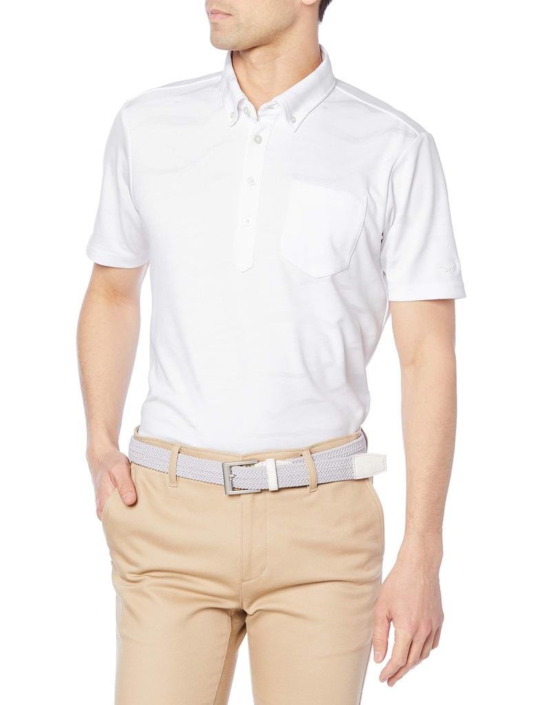 Mizuno 52MA1001 Short Sleeve Golf Jacquard Size L Men's Button-Down Shirt, Pattern, Moisture-Wicking, Quick-Drying, White,