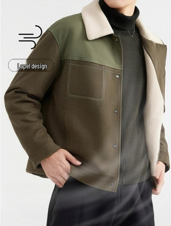 Men's Winter Short Suede Jacket with Velvet Lapel and Lamb Wool Padding