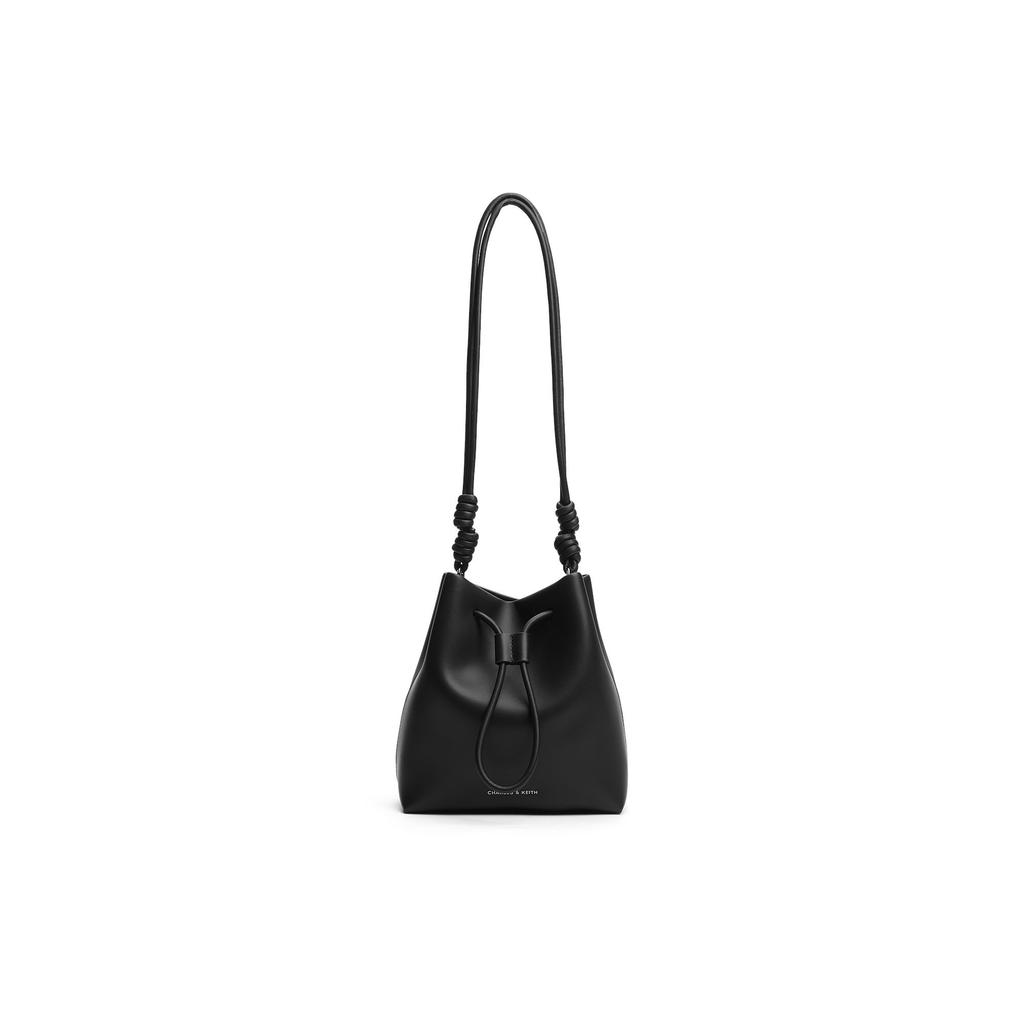Charles & Keith Minimalist Drawstring Soft Bucket Bag Embossed Leather Women Shoulder Bag Beige Black Gray CK2-10271282