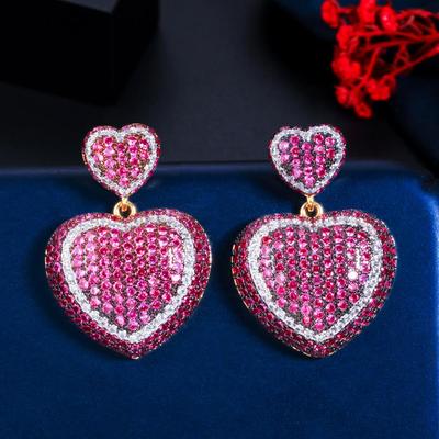 CMM Personality Black Gold Color Rose Red Zirconia Drop Heart Shape Earrings