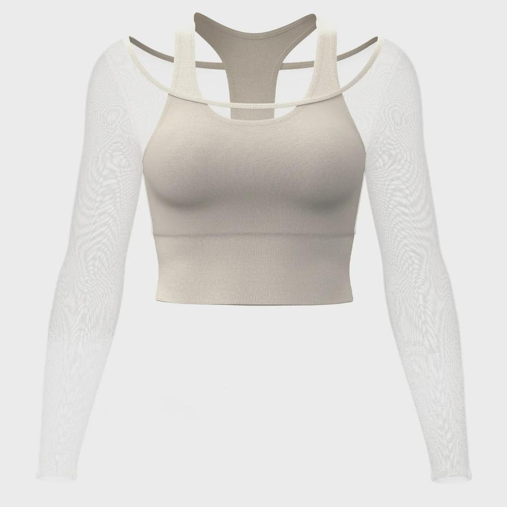 Juyitang Mesh Two-Piece Look Yoga Top, Long Sleeve, No Bra