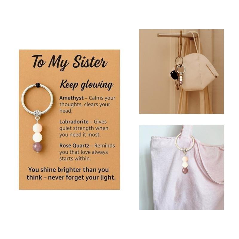 Sister Birthday Gift Set Agate Stone Keychain With Sentimental Message Card and Beaded Bracelet for Women