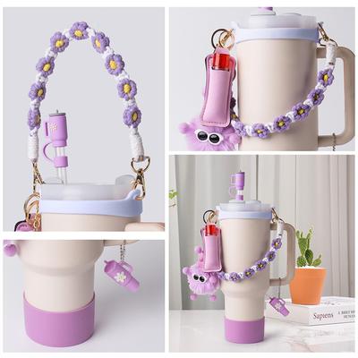 Çiçek Temalı Termal Bardak Aksesuarları Seti Şişe Sapı Kayışı/Silikon Bardak Botları/Dökülmeye Karşı Korumalı Tıpa/Tüy Yumağı Charm Seti