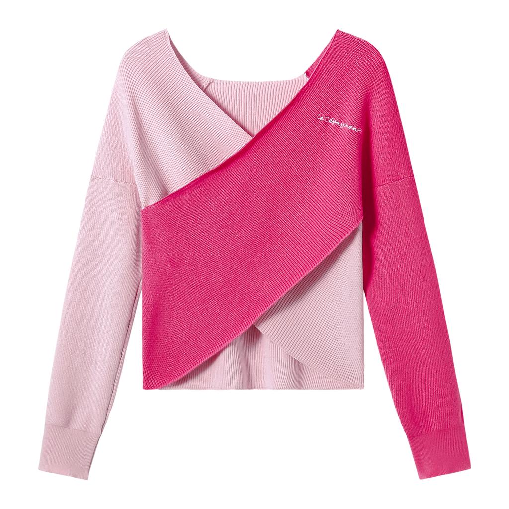 Embroidered Cross-V-neck Knitted Sweater for Women, Autumn Spice Girl, Patchwork Slit Short Top, Base Layer T-shirt