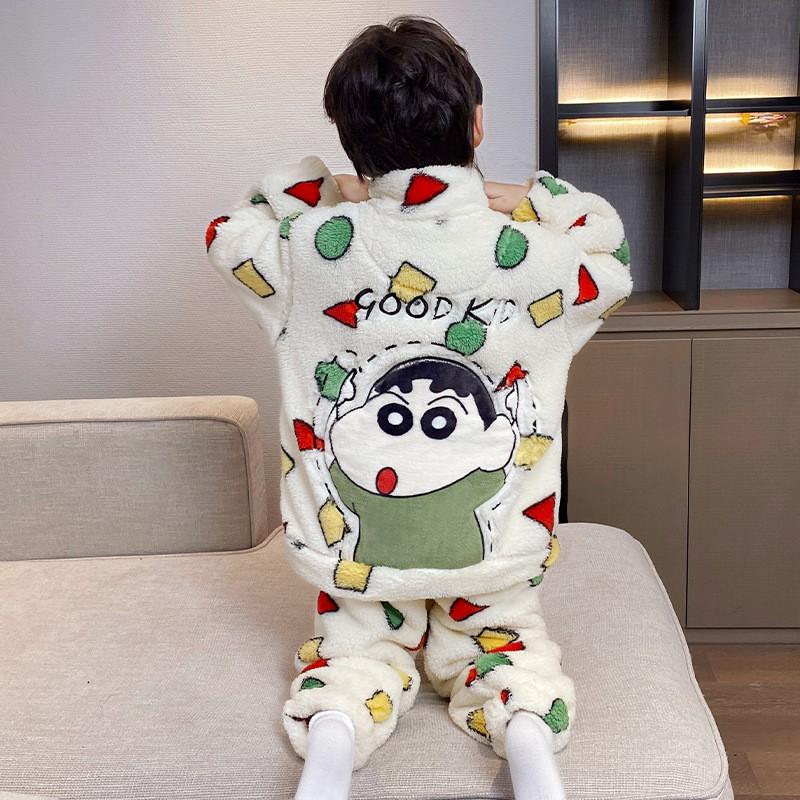 Boys Winter Warm Fleece Pajama Set With Zipper Collar Cartoon Print Long Sleeve Sleepwear Ages 8-14