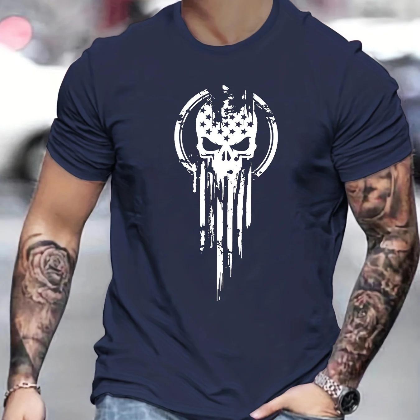 

Mens Summer Loose Size 100 Cotton Skull Print Casual Slim Fit Round Neck Short Sleeve Tshirt Top Oneck Pactwork Casual Tees 4XL