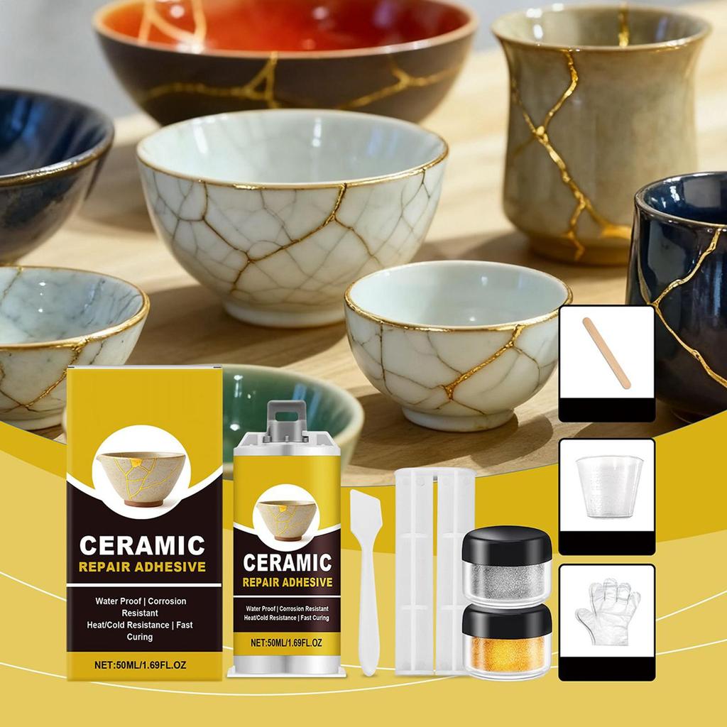 Kit di Riparazione Porcellana Sculture in Vetro Riparazione Oro Adesivo Adesivo Sicuro per Alimenti Vasca da Bagno Lavabo Piatto Arte Artigianato Statuette