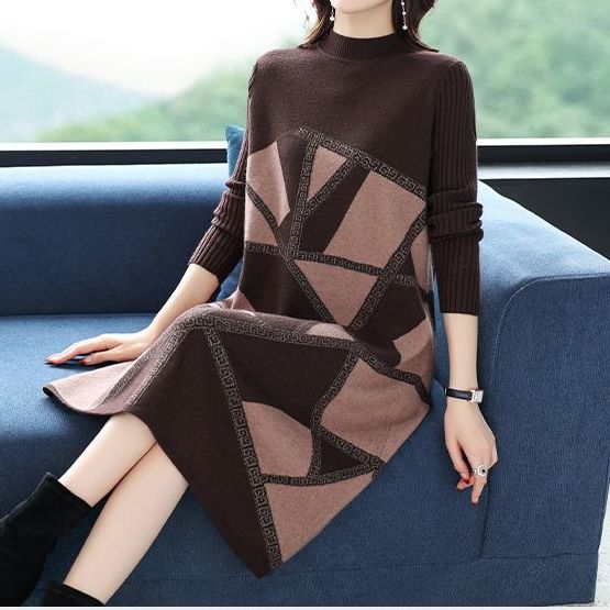 

Осень Зима Женское Платье-свитер Большого размера Свободный Пуловер Цветной Блок Вязаное Миди-платье Толстое А-силуэт Платье-свитер 5XL кофейный