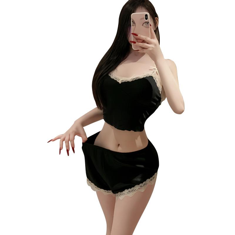 Pure desire with chest pad suspender shorts two-piece set deep V temptation sexy split women's suit set