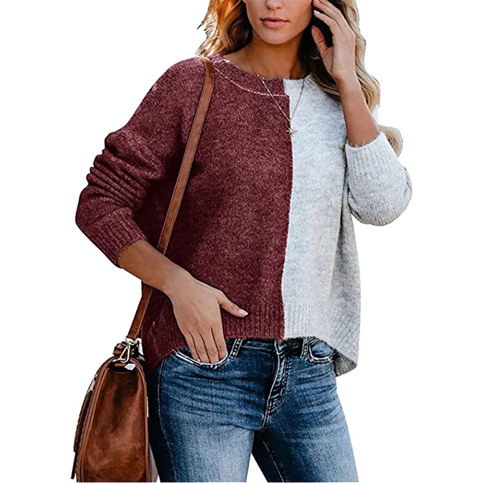 

Женский свитер с длинными рукавами и цветными блоками, контрастный свободный пуловер с круглым вырезом S красный