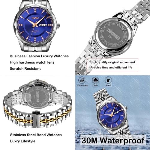 Relojes de Pareja SKMEI, Popular Set de Relojes de Pareja para Hombre y Mujer, Clásico Plateado con Correa de Acero Inoxidable, Resistente al Agua, Negocios, Marca de Lujo, G