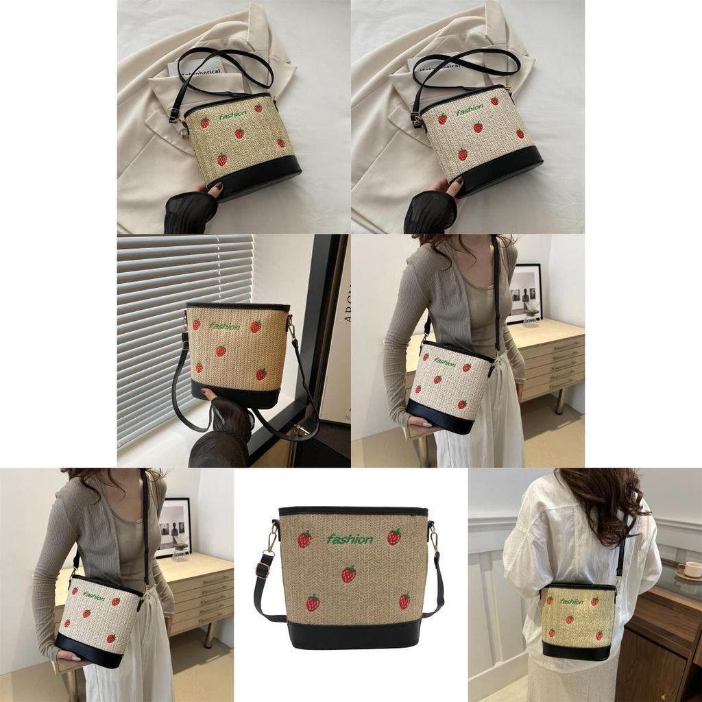 Stylish Woven Bucket Bag For Women Casual Summer Crossbody Tote In Khaki And Beige