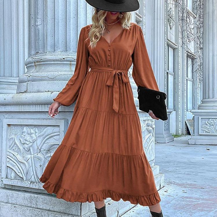 Chiffon Elegant Women Dress High Waist A-Line Long Sleeve V-Neck Knee Length Solid Autumn Winter