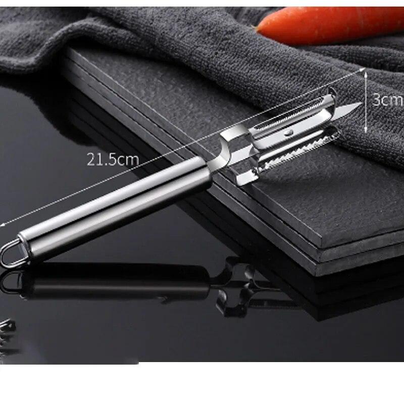 Ett Kök Rostfritt Stål Dubbelhuvud 3-i-1 Äppelskalare Potatisplaner Multifunktionellt Verktyg För Fallfrukt Och Grönsaker