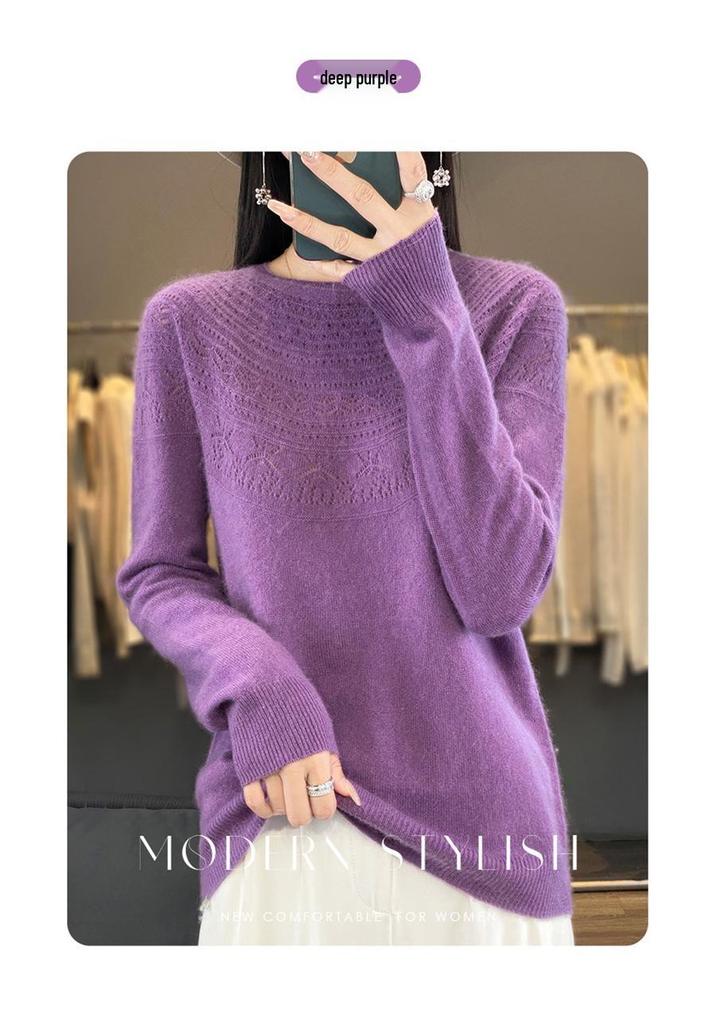 Autumn/Winter Women's Loose Knit Pullover: Long Sleeve, Rolled Hem, Round Neck Base Layer.