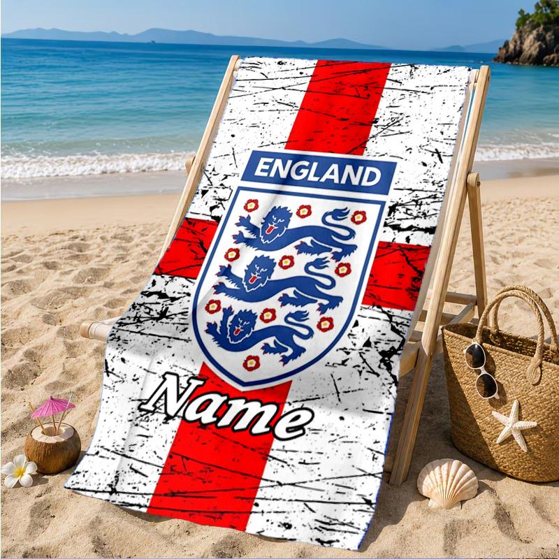 Custom Name Beach Towel England Heritage Crest Microfiber Beach Towel, Lightweight for Summer Travel, Swimming Pool Fan Birthday Gift