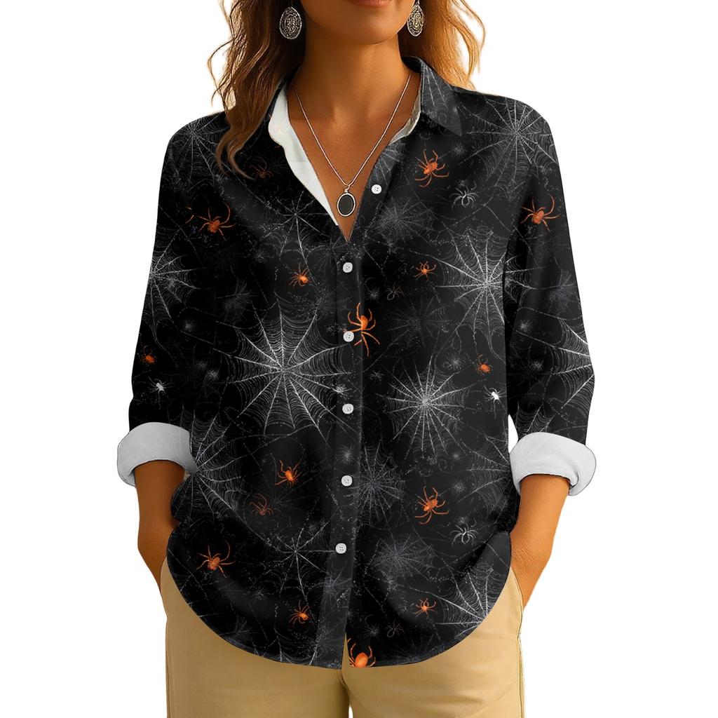 Women's Retro Halloween Printed Button Up Long Sleeved Casual Regular Shirt Collar Top