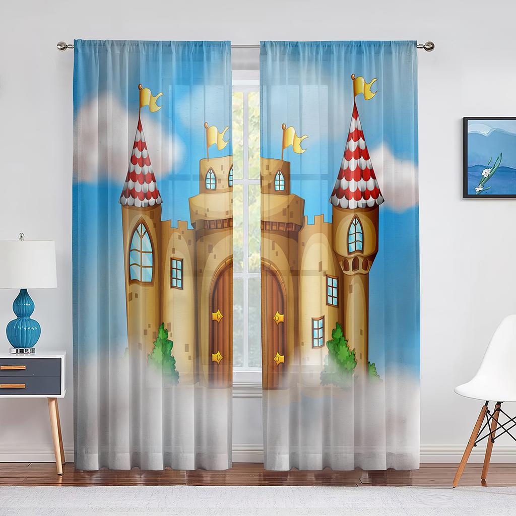 Růžový pohádkový hrad v oblacích Průsvitné závěsy do obývacího pokoje Voálový závěs Dětská ložnice Tylové závěsy Okenní závěsy Dekor