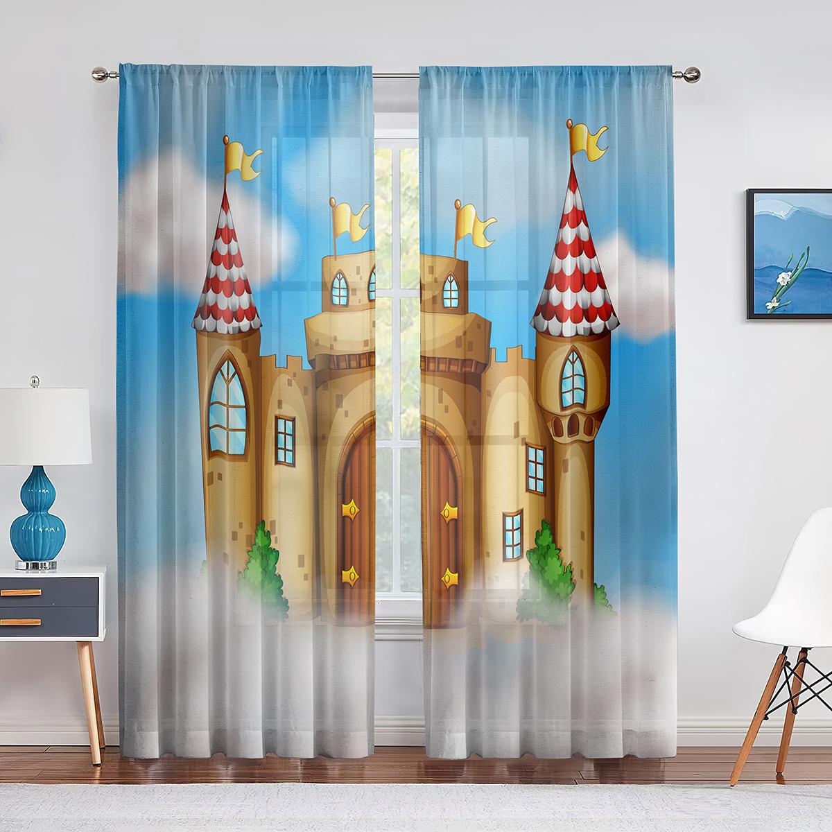 

Розовый сказочный замок в облаках, прозрачные шторы для гостиной, вуаль, занавеска для детской спальни, тюлевые шторы, оконные шторы, декор 1 PCS W100XH250cm&Grommet Top