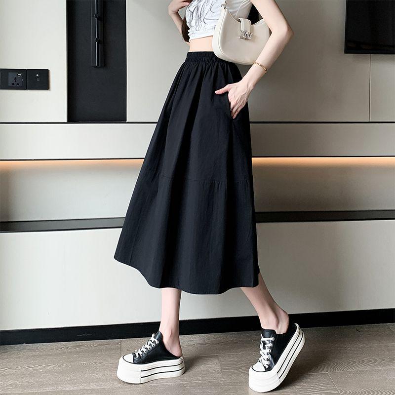 White Midi Skirt with Lining & Pockets: Women's Korean Style, New Design, Draped Large Hem, A-Line, High-Waisted Skirt