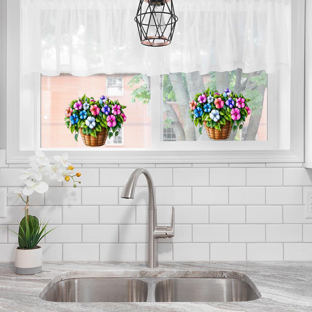 Painted Flower Baskets Glass Windows Home Beautification and Decoration Static Electricity Window Stickers