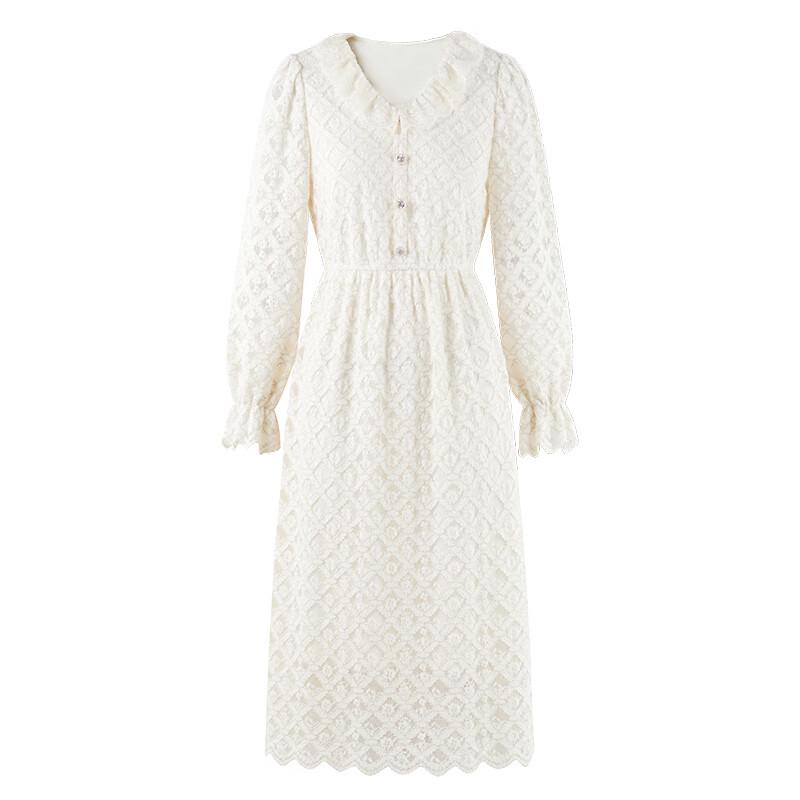 Qiusbuiyiren French Retro V-Neck Ruffle Lace Knit Dress