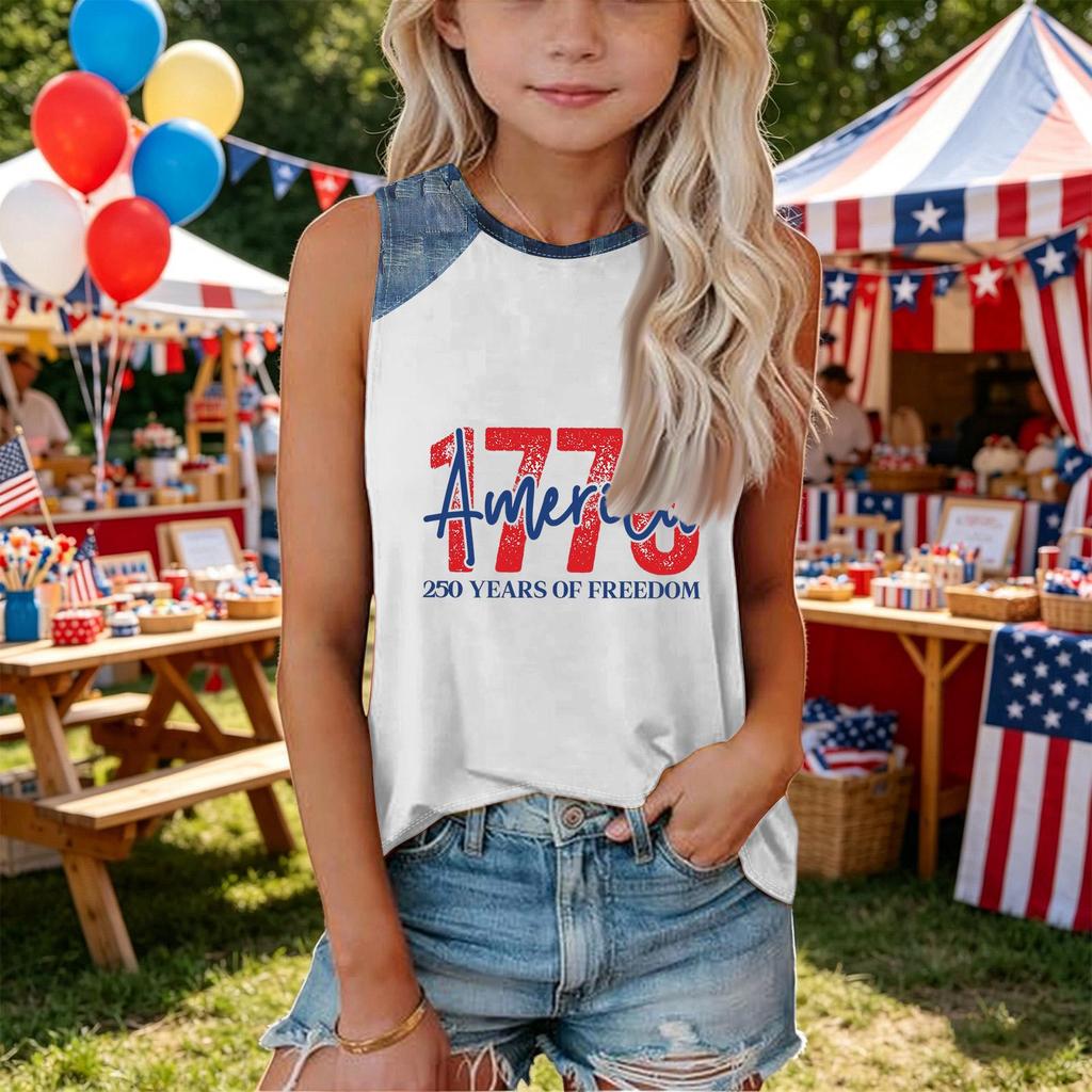 Girls Sleeveless Loose Fit Tank Top Independence Day Print Denim Patchwork Round Neck T Shirt Summer Casual Tee