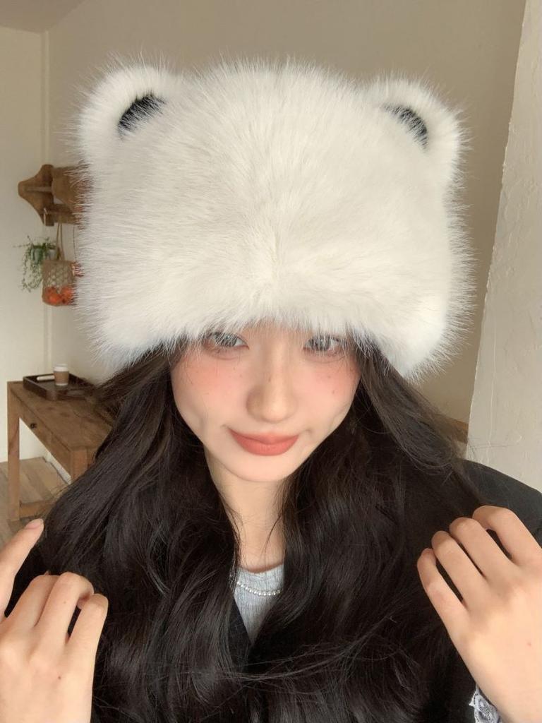 Cute and Cute Cat Ears Imitation Leather Fluffy Fluffy Hat Winter Warm Windproof Ear Protection Hat Head Hat