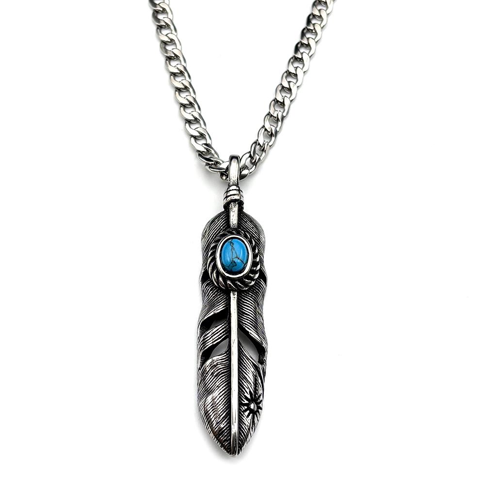Collana Pendente con Piume Turchesi Stile Boho Vintage per Donne Uomini Catena in Acciaio Inossidabile Colore Argento Amuleto Gioielli in Pietra Naturale