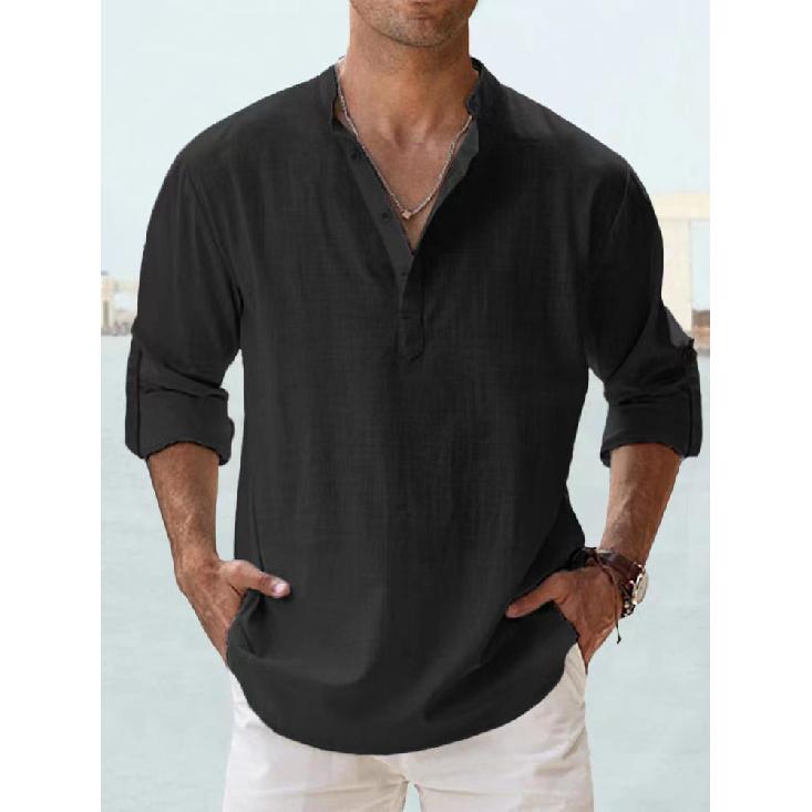 New Men'S Linen Stand Collar Long Sleeved T-Shirt Loose Sweatshirt Solid Color Long Sleeved Cotton Linen Shirt For Men