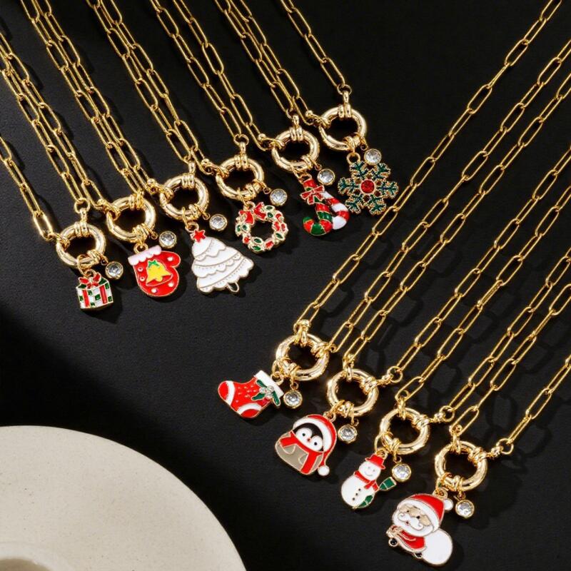 Christmas Stainless Steel Necklace Set - Santa Reindeer Snowman Pendants Lobster Clasp Adjustable Festive Jewelry Gift