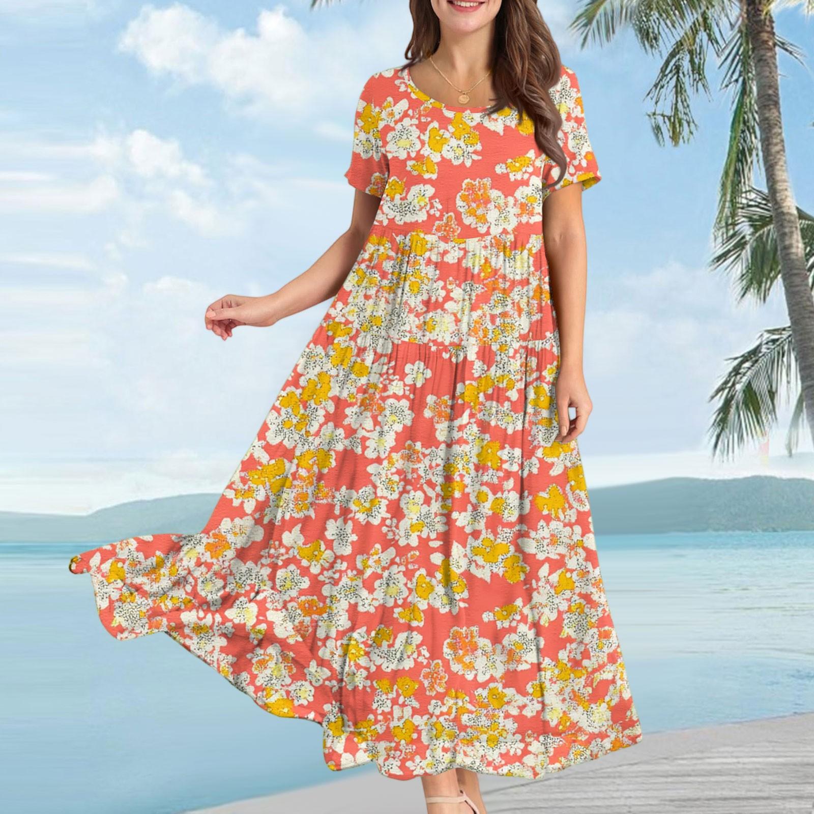 

Женское повседневное свободное платье с коротким рукавом и бохо-цветочным принтом XL шафрановый