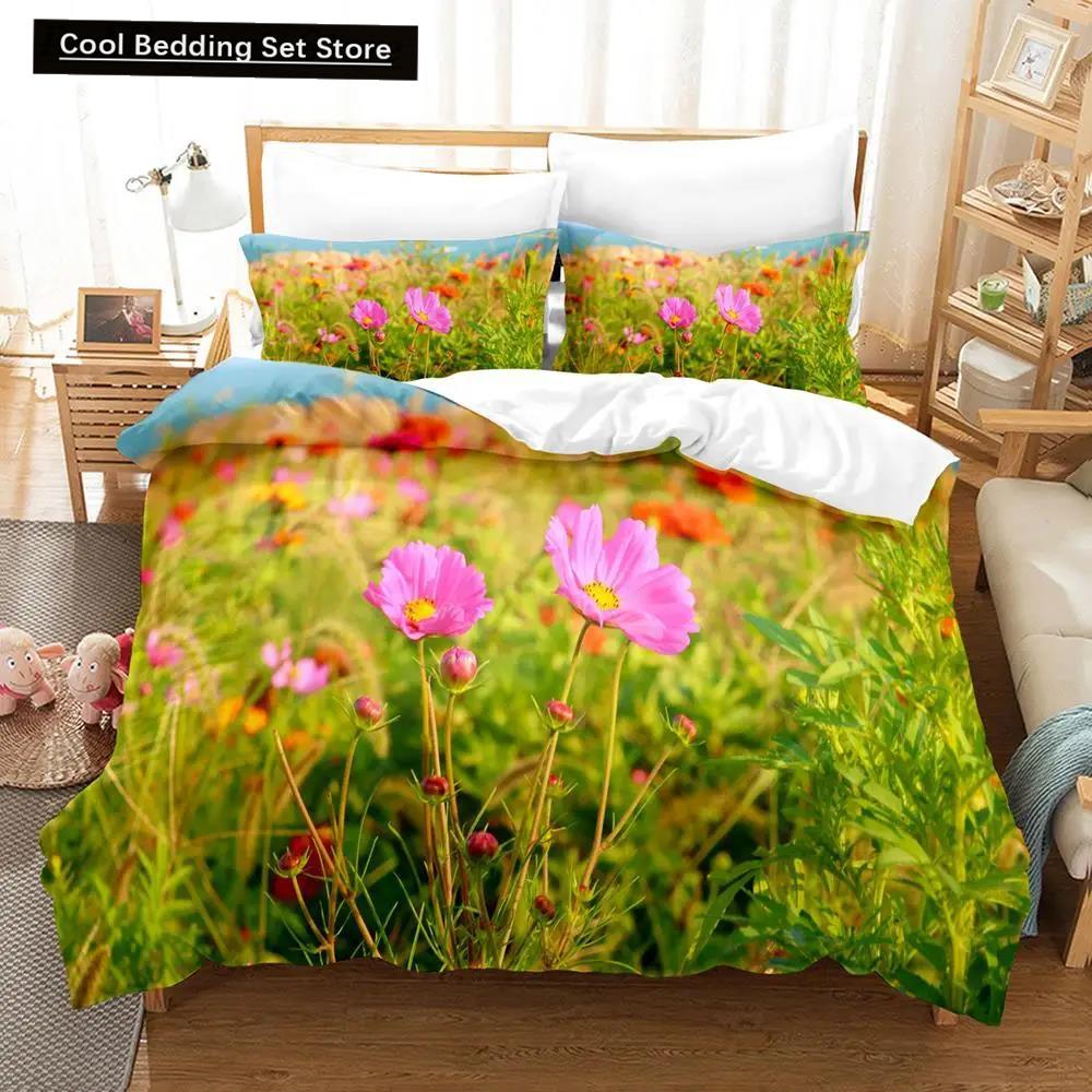 Comforter Natural Landscape Blue Sky Lawn Flower Double Queen King Size 2/3Pcs Polyester For Kids Teens Adults