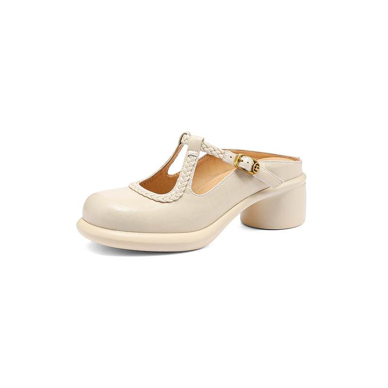 Krazing Pot Cow Skin Round Toe Size 42 Thick Round Med Heels Slip on Platform Mules Gladiator Autumn Pumps