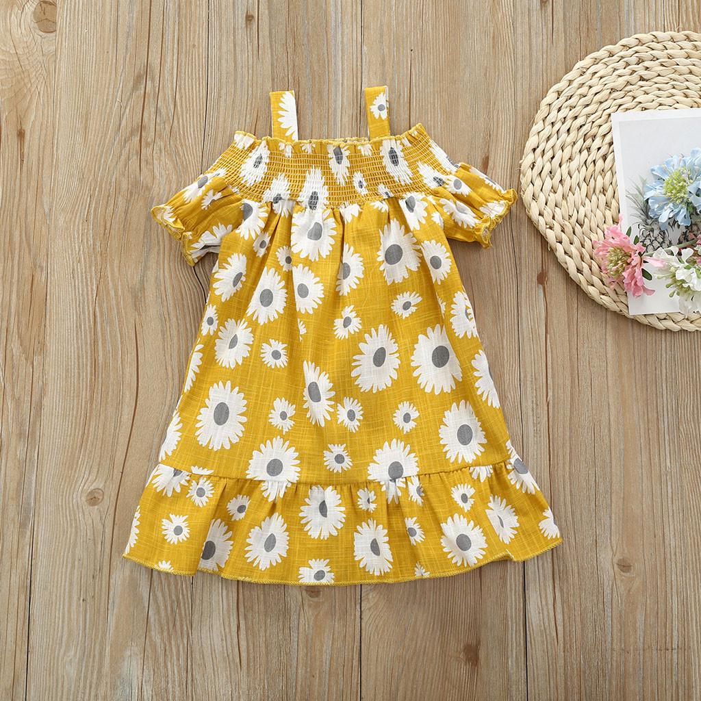 

(SU)Toddler Kids Baby Girls Sunflower Print Off Shoulder Dress Summer Casual Clothes