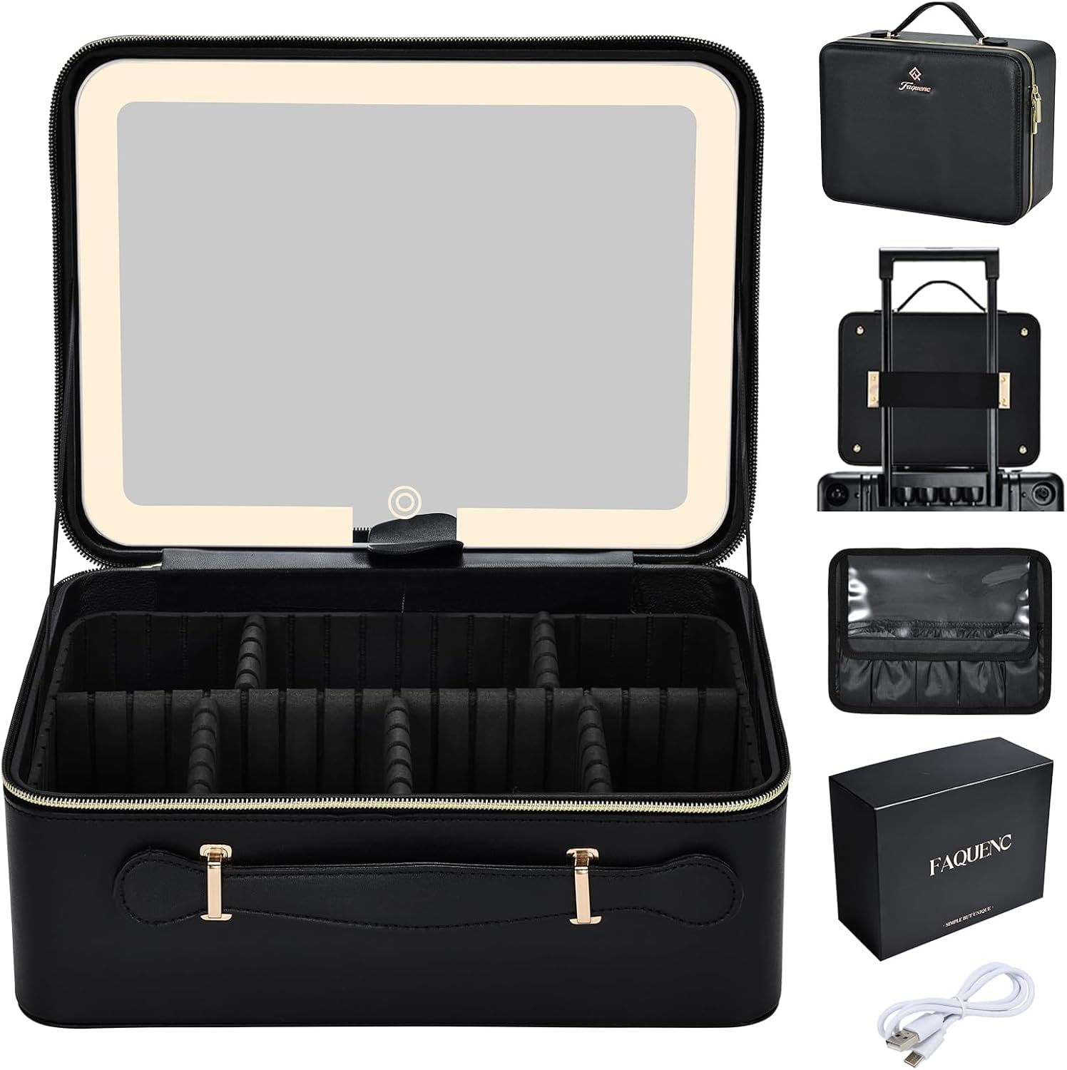 Faquenc Makeup Box with Cosmetic Storage Makeup Cosmetic Makeup Cosmetic Box with LED Large Professional Black Mirror, Box, Case, Storage, Organizer,