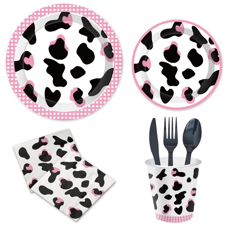 Pink Black Cow Birthday Party Tableware Disposable Paper Plate Paper Cup Paper Towel Children'S Birthday Party Supplies