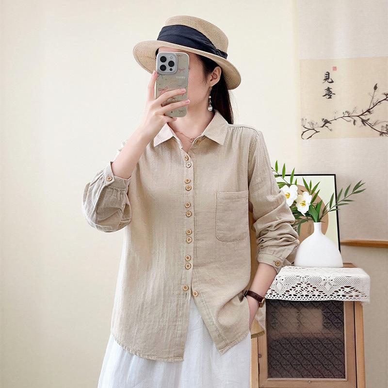 New literary and casual style double-layer cotton yarn pure cotton long-sleeved shirt simple temperament versatile loose and thin shirt women