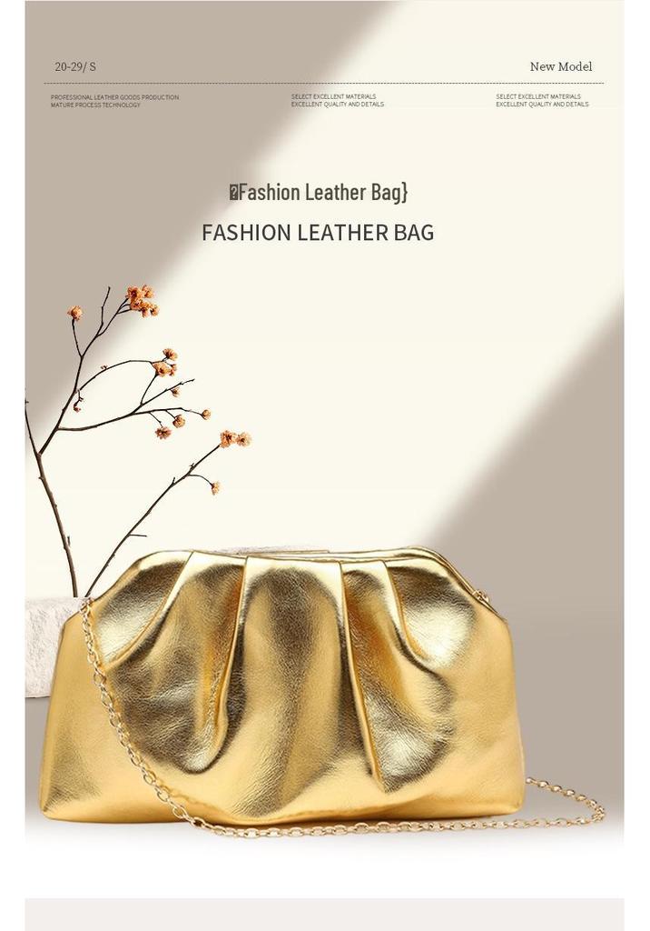 Metallic Pleated Dumpling Clutch - Luxurious Chain Bag for Parties