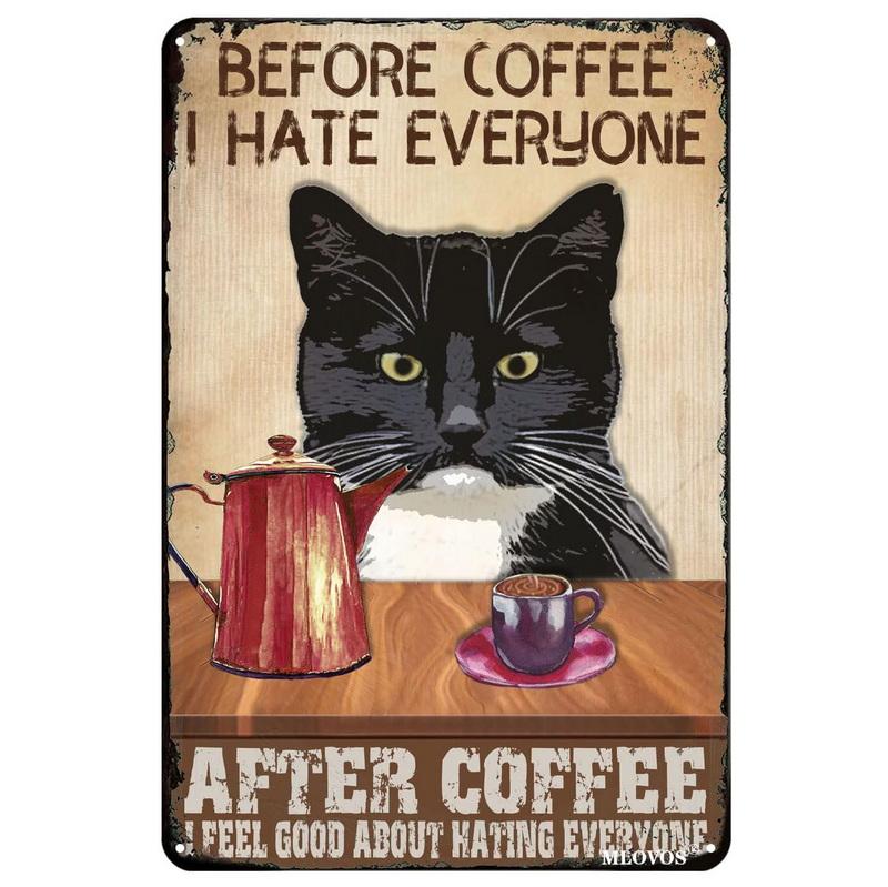 Hisun Tin Sign Vintage Funny Cat Coffee Themed Metal Tin Sign Retro Cute Kitten Wall Art Decor for Home Kitchen Cafe Bar Rustic Iron Painting P