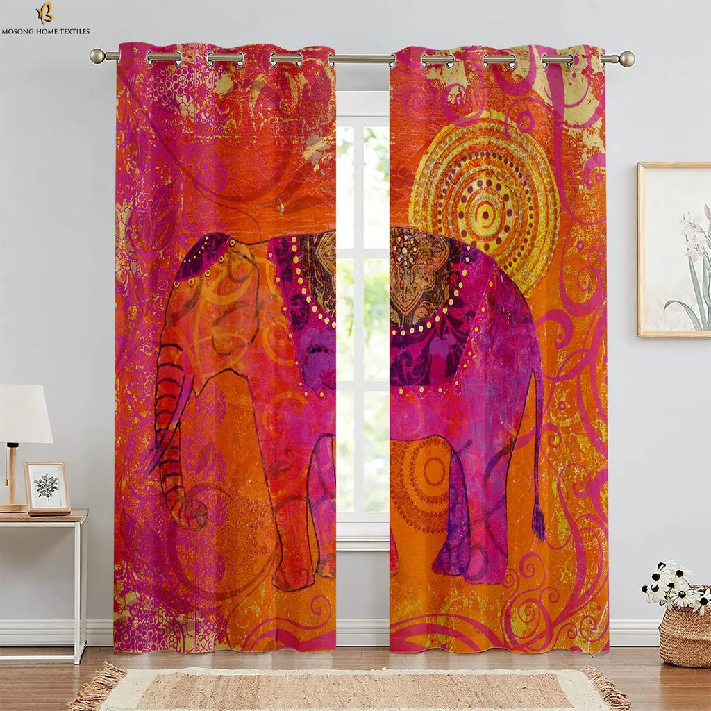 Set Of 2 European Retro Elephant Pattern Printed Curtains Polyester Bedroom Living Room Kitchen Curtain Machine Washable Ideal For Great