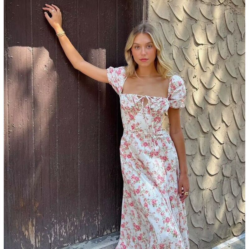 Fashion Wind Young Sexy Square Collar Lace up Small Floral Print Silm Puff Sleeves Elegant High Slit Dress Female