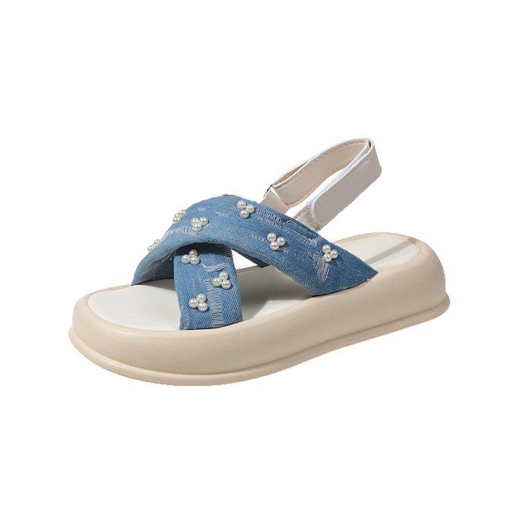Summer Fashion Comfortable Round-toe Light Roman Beach Sandals Non-slip Thick-soled Sandals for Women Denim Pearl Flip-flops
