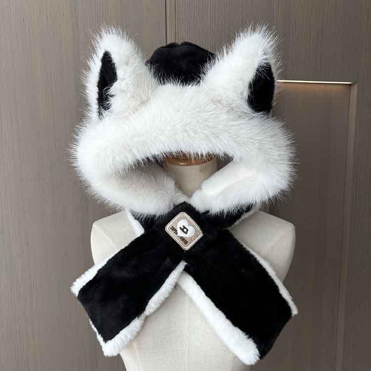 Fox ear hat women's new cute warm plush hat autumn and winter versatile fashion scarf scarf integrated hat
