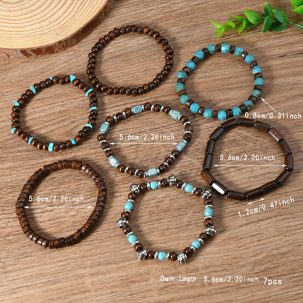 DIEZI 7 Stück/Set Böhmische Holzperlen Türkis Strang Armbänder Herren Damen Handgemacht Elastisches Seil Armband Armreif Pulseira Feminina