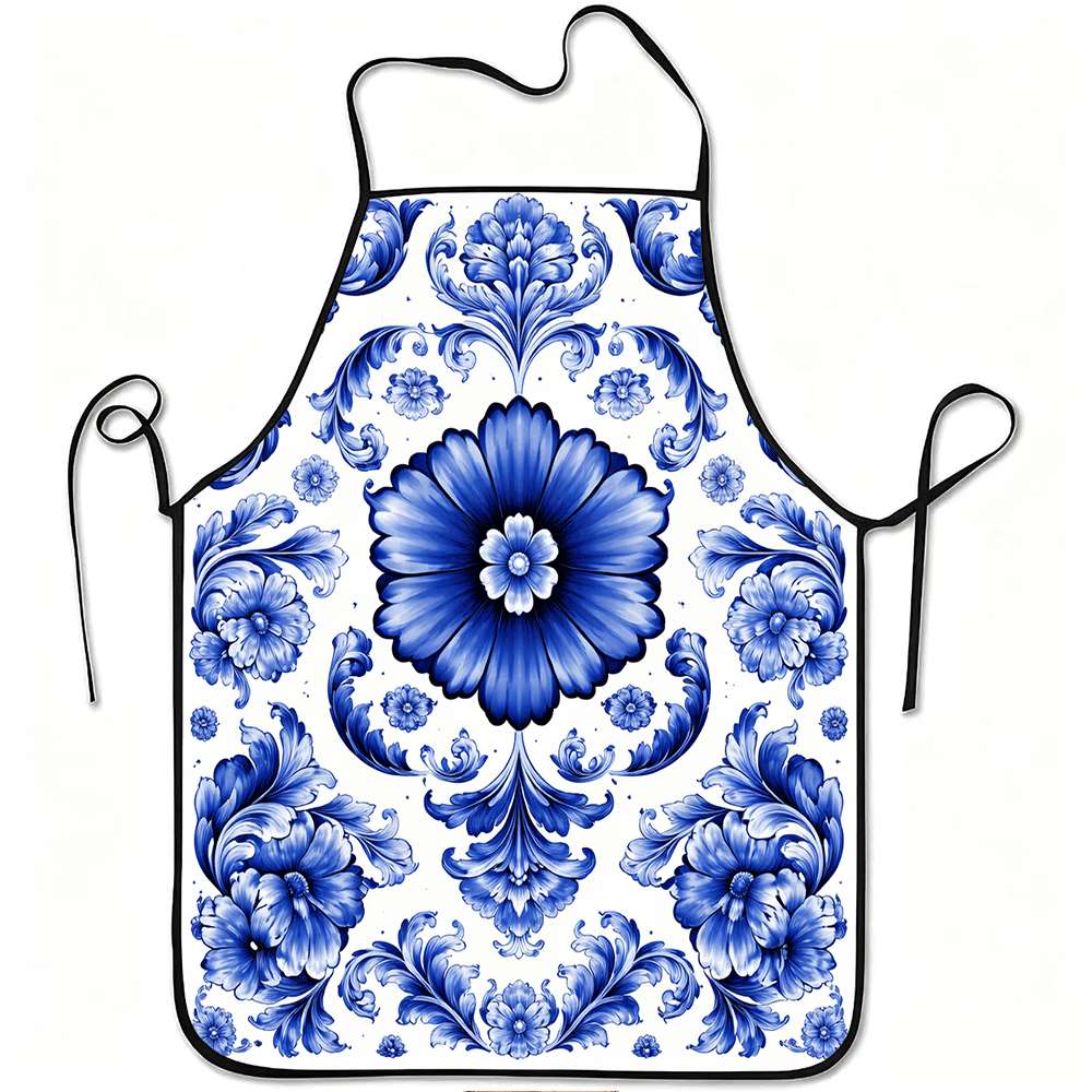 1pc of Blue Floral Design Apron, Sturdy And Easy To Maintain, with an Adjustable Waist, Made from Polyester, Suitable for Cooking In The Kitchen, Gard