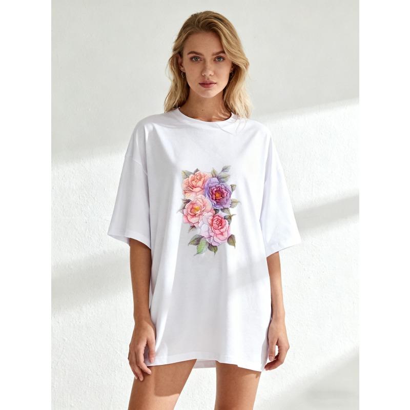 Black Oversized T Shirt With Floral Rose Print For Casual Wear