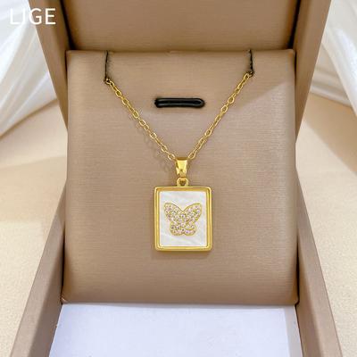 Titanium Steel, Square Shell Butterfly Light Luxury Temperament Gorgeous Full Diamond Necklace Women'S Versatile Collarbone Chain Titanium Steel Chain