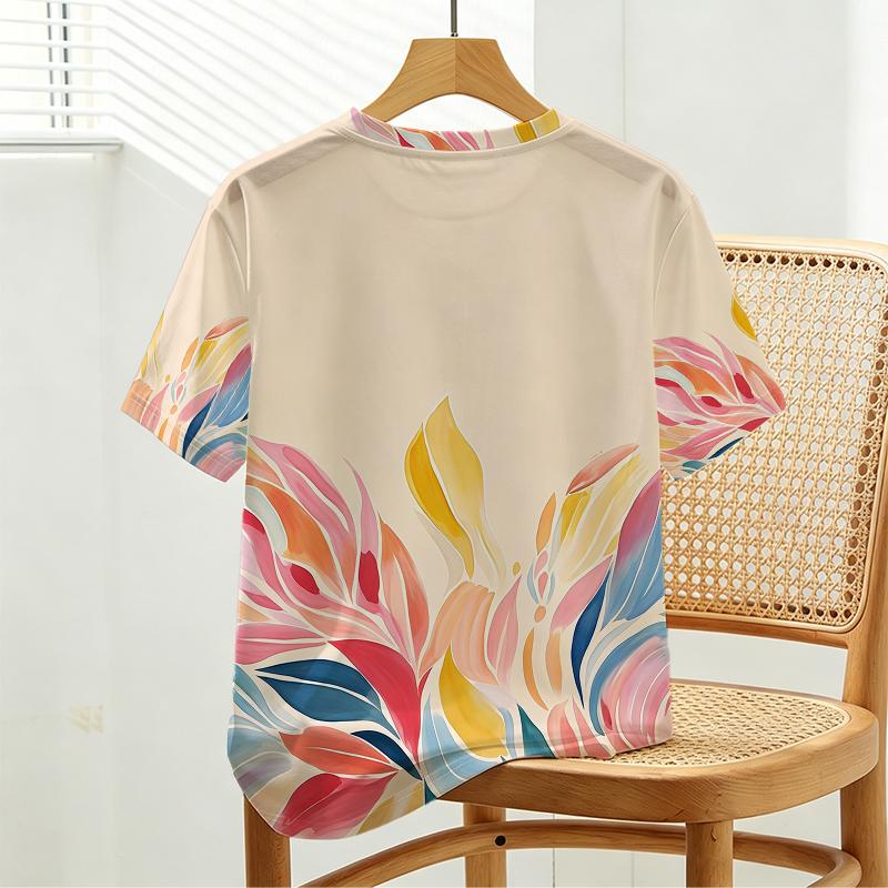 Women's Colorful Floral Series Short Sleeve T-Shirt, Basic Versatile Style, Soft Loose Fit, Perfect for Daily Casual & Shopping